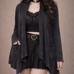 Jess & Jane Black Acid Wash Open Cardigan M Made USA 100% Cotton